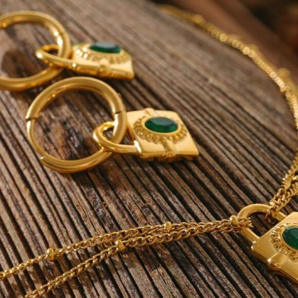 Emerald Green Cubic Zirconia 18K Gold Plated Lock Dangle Earrings NEW - Picture 8 of 11